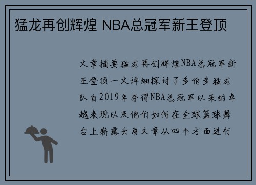猛龙再创辉煌 NBA总冠军新王登顶